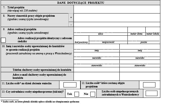 naciśnij + aby dodać pole z kolejną nazwą stanowiska objętego projektem zaznacz X gdy adres realizacji jest taki sam jak adres siedziby, pole uzupełni się automatycznie po wpisaniu liczby osób,