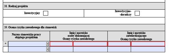 7. W tabeli 4.2 Wnioskowane kwoty dofinansowania, w pkt 38 należy wstawić nazwy stanowisk pracy, dla których zostały przygotowane Oceny ryzyka zawodowego.