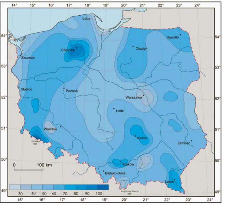 Średnia liczba dni z mgłą w okresie 1971-2005 Liczba przypadków mgły w godzinowych