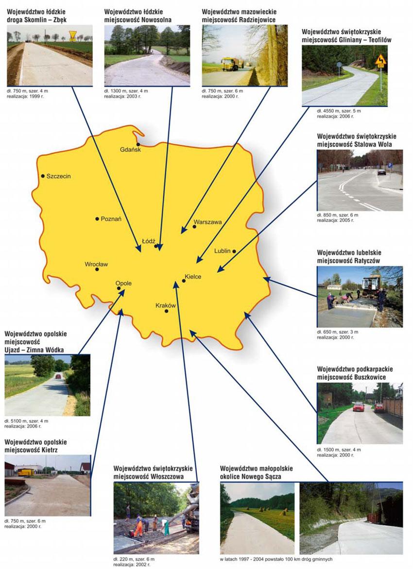 Gliniany. Opisane przykłady wskazują, że w Polsce stosowane są różne technologie budowy betonowych dróg lokalnych.