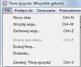 Rys. 2. Przycisk Plik na pasku menu. Przy pomocy kolejnego przycisku na pasku menu możemy od razu przejść do opcji Atlas, otworzyć Notes i edytor zapytań lub otworzyć Okno zestawienia gatunków.